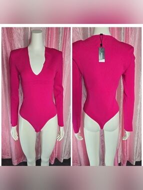 Express Hot Pink Deep V-neckline Stretch Bodysuit Size Small NWT